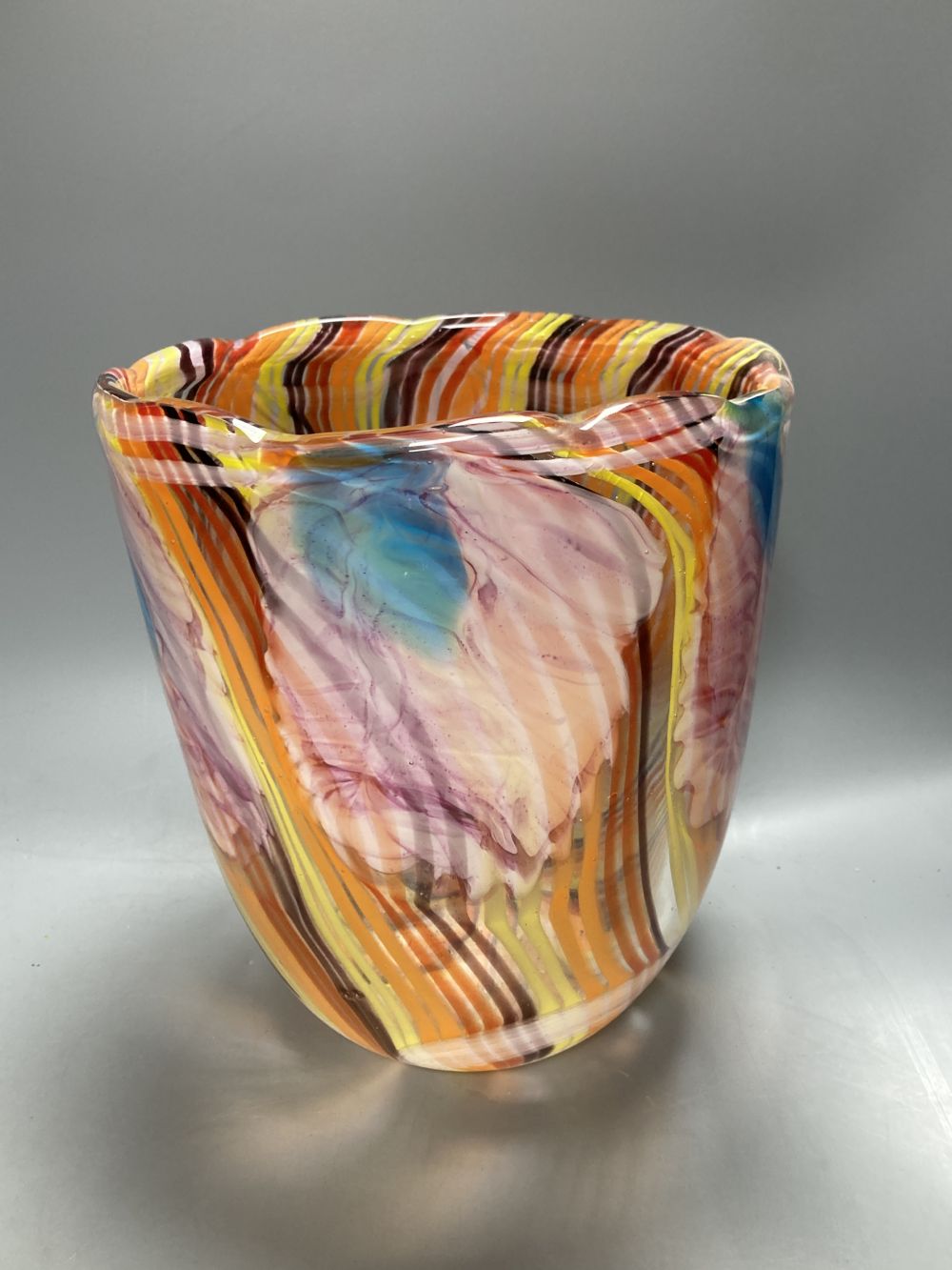 A Murano scrambled glass vase, height 25.5cm and an amethyst tinted shallow glass bowl, diameter 30cm